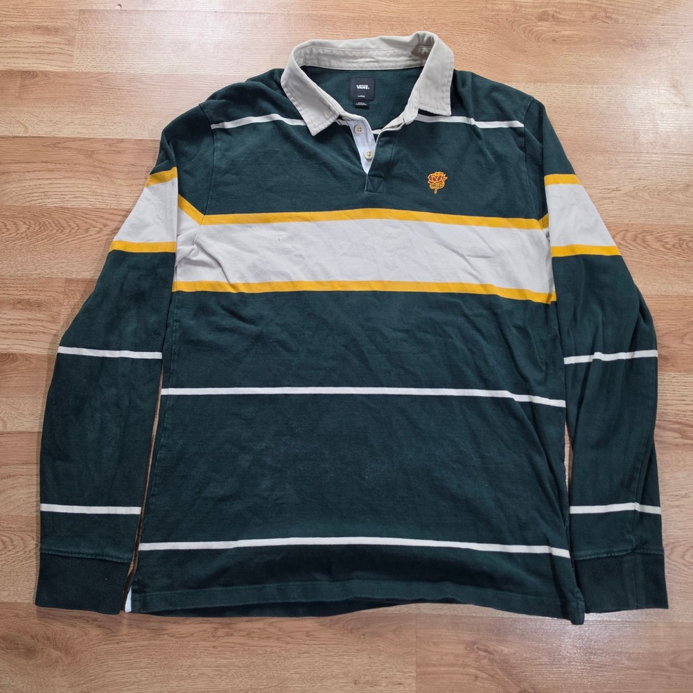 Vintage Vans Rugby Polo Shirt Mens Large Green Striped Long Sleeve Rose Y2k